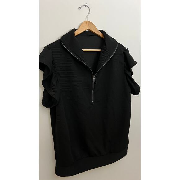 Black Ribbed Half Zip Top with Ruffle Sleeves Size XL - Picture 5 of 6